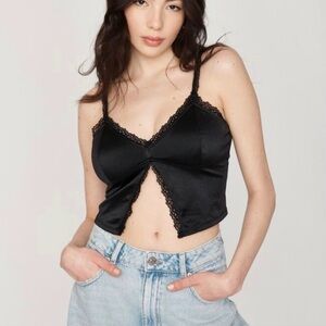 Satin Lace Flyaway Cami Spaghetti Strap Silky Flowy Top Size Small